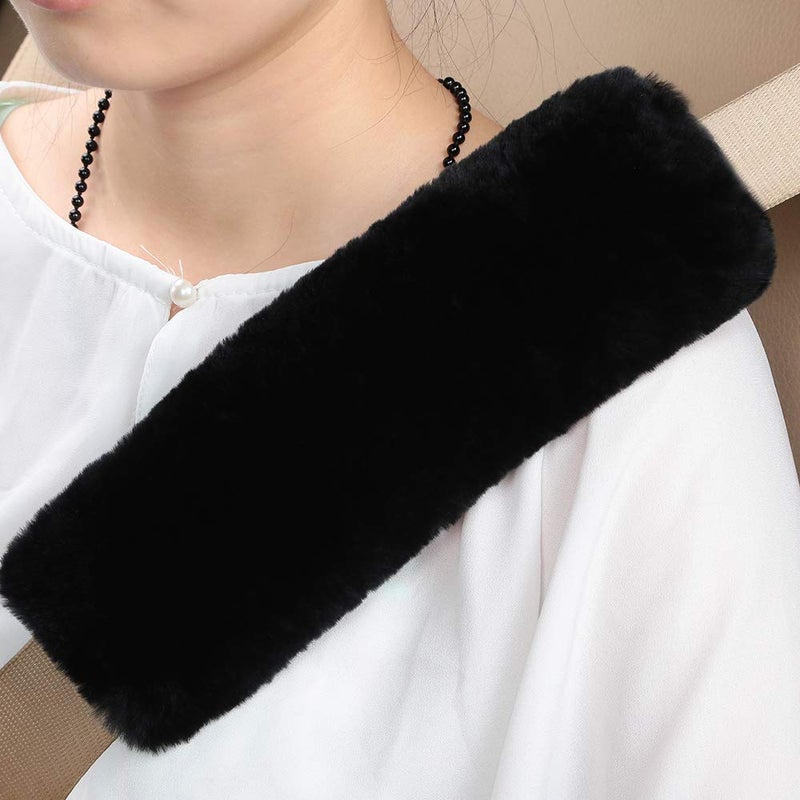 OGLAND Genuine Sheepskin Soft Fuzzy Car Seat Belt Cover Pad, Comfy Fluffy Seatbelt Covers for Shoulder Pad Neck Cushion Protector Car Accessories Woman Man Girl(1Pcs/Black) - Image 2